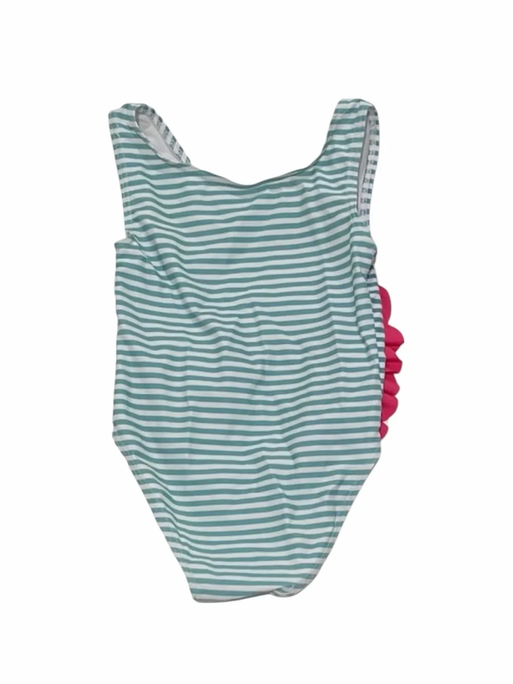 Girls Pink Flamingo Ruffle One-Piece Swimsuit - Aqua Stripes